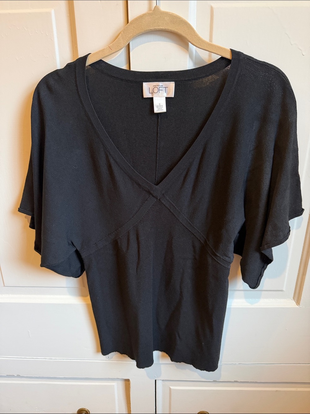 LOFT Black V-Neck Flutter Sleeve Top with Seam Detail